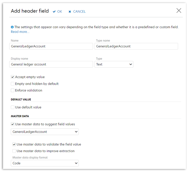 The Document field dialog